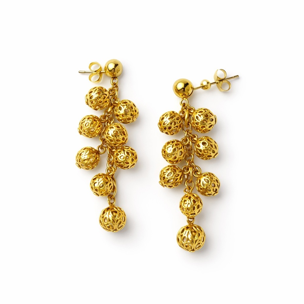 Vintage Inspired Gold Tone Filigree Dangle Earrings Cluster Bead Statement